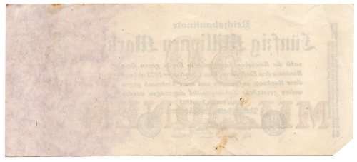 1923 German Berlin Reichsbanknote 50 Million Mark Pick#98a, cut corner