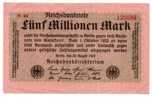 1923 German Berlin Reichsbanknote 5 Million Mark Pick#105
