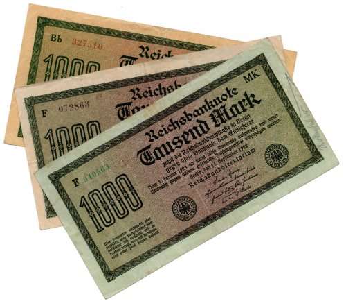 1923 German Berlin Reichsbanknote Set of 3 Varieties of 1000 Marks, Pick#76a White paper, Pick#76b Y