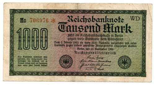 1923 German Berlin Reichsbanknote 1000 Mark Star Replacement, Pick#76a White paper