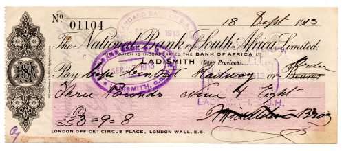 1913 The National Bank of South Africa Limited Ladismith (Cape province) Cheque, 3 Pounds 9 Shilling