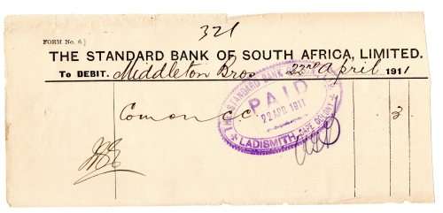 1911 The Standard Bank of South Africa Limited withdrawal receipt, 2 Shillings