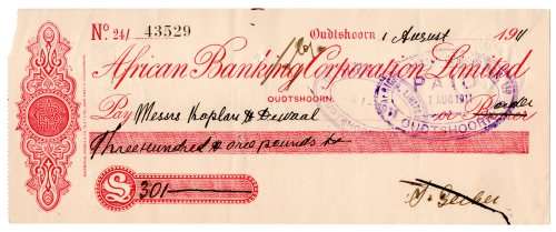 1911 African Banking Corporation Limited Cheque Oudtshoorn, 301 Pounds, equivalent to £45,210 in tod