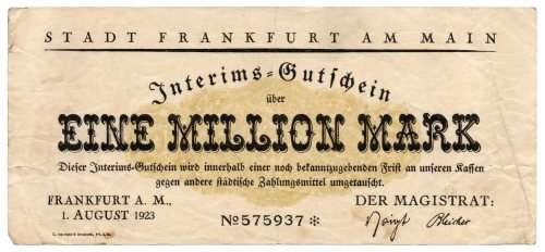 1923 German City of Frankfurt (Prussian province of Hesse-Nassau) 1 Million Mark, Town Issue, Star N
