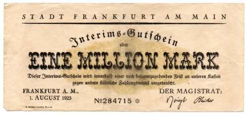 1923 German City of Frankfurt (Prussian province of Hesse-Nassau) 1 Million Mark, Town Issue, Star N