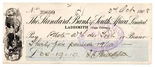 1908 The Standard Bank of South Africa Limited Ladismith (Cape Colony) Cheque, 35 Pounds 19 Shilling
