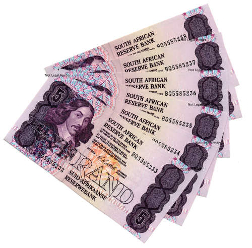 Lot of 6 x Consecutive 1990 South Africa Type 11 First Issue CL Stals  R5`s `5585233 to 5585238`