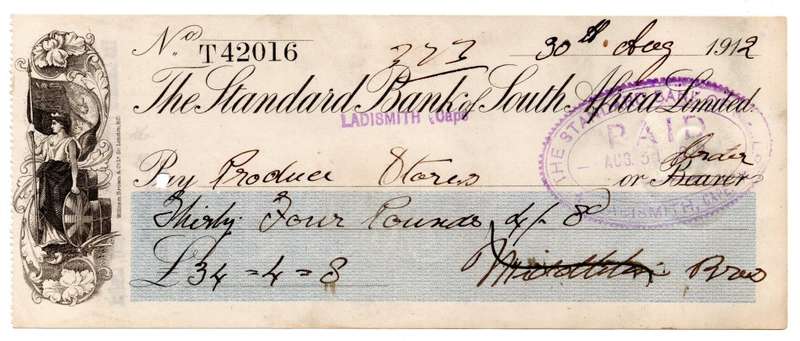 1912 The Standard Bank of South Africa Limited Ladismith (Cape Colony) Cheque, 34 Pounds 4 Shilling