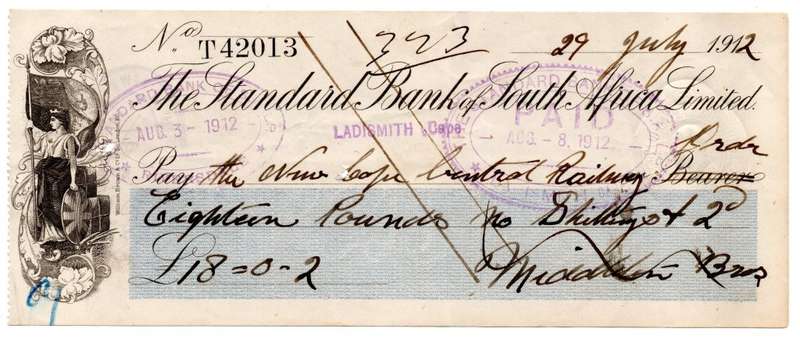 1912 The Standard Bank of South Africa Limited Ladismith (Cape Colony) Cheque, 18 Pounds 0 Shilling