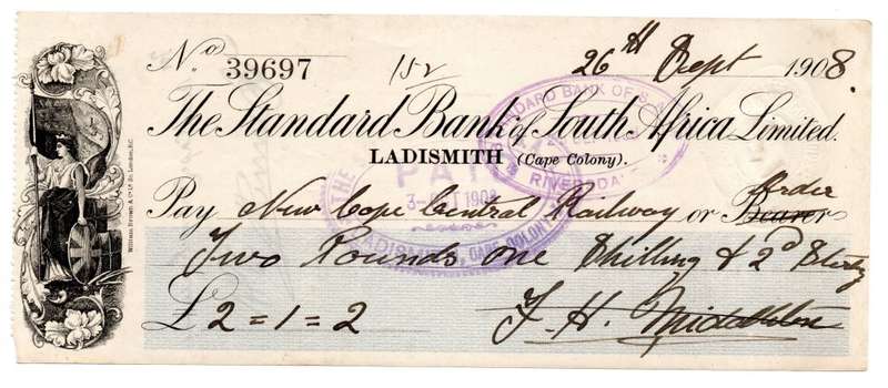 1908 The Standard Bank of South Africa Limited Ladismith (Cape Colony) Cheque, 2 Pounds 1 Shilling 2