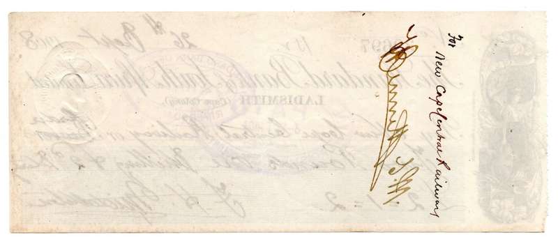 1908 The Standard Bank of South Africa Limited Ladismith (Cape Colony) Cheque, 2 Pounds 1 Shilling 2