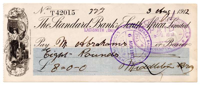 1912 The Standard Bank of South Africa Limited Ladismith (Cape Colony) Cheque, 8 Pounds