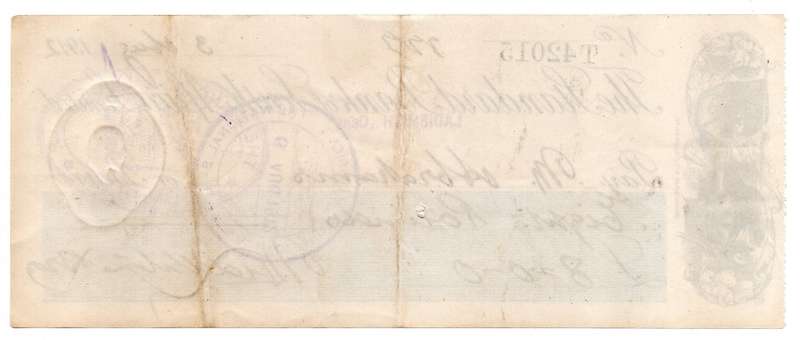 1912 The Standard Bank of South Africa Limited Ladismith (Cape Colony) Cheque, 8 Pounds