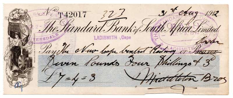 1912 The Standard Bank of South Africa Limited Ladismith (Cape Colony) Cheque, 7 Pounds 4 Shilling 3