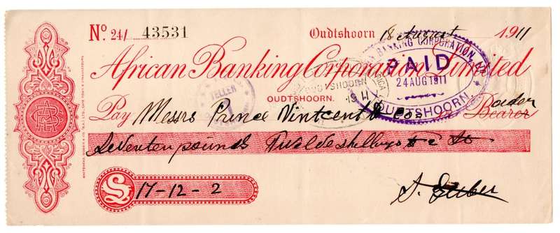 1911 African Banking Corporation Limited Cheque Oudtshoorn, 17 Pounds 12 Shillings 2 Pence