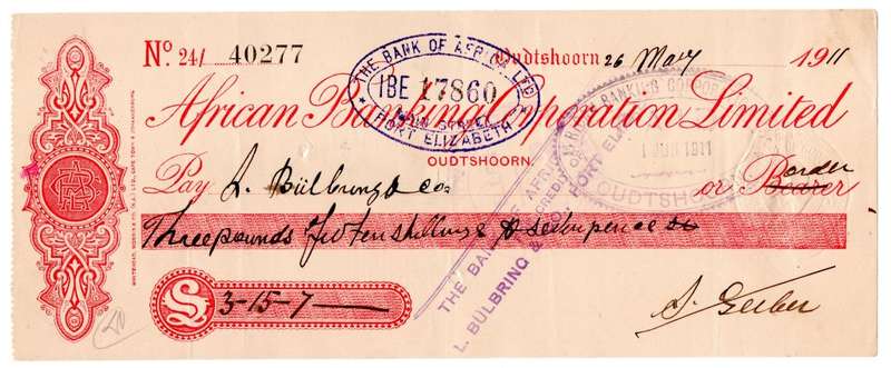 1911 African Banking Corporation Limited Cheque Oudtshoorn, 3 Pounds 15 Shillings 7 Pence