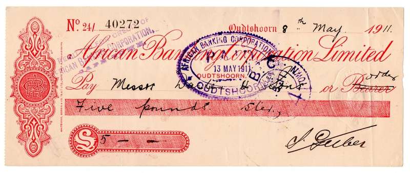 1911 African Banking Corporation Limited Cheque Oudtshoorn, 5 Pounds