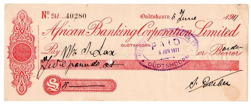1911 African Banking Corporation Limited Cheque Oudtshoorn, 5 Pounds