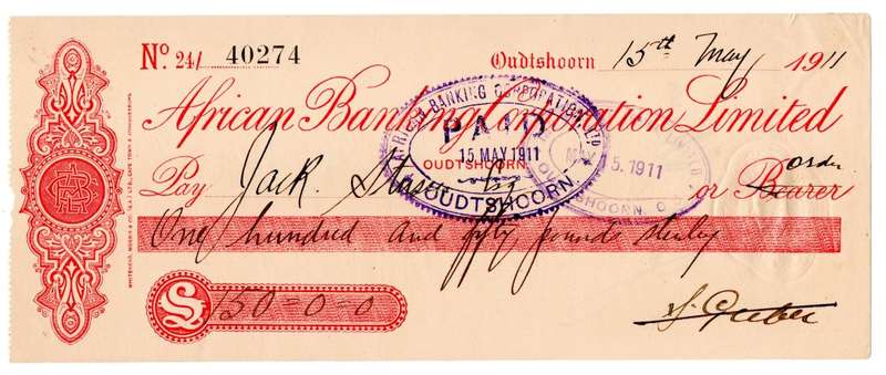 1911 African Banking Corporation Limited Cheque Oudtshoorn, 150 Pounds