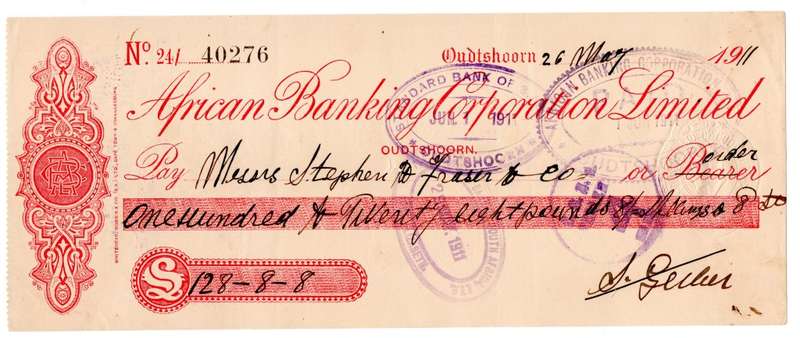 1911 African Banking Corporation Limited Cheque Oudtshoorn, 128 Pounds 8 Shillings 8 Pence