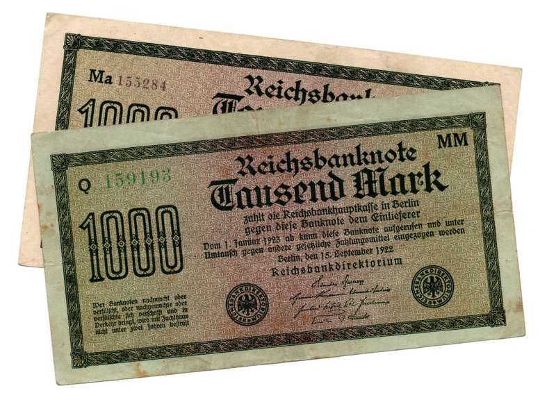 1923 German Berlin Reichsbanknote Pair of 2 Varieties of 1000 Marks, Pick#76a White paper, Pick#76g