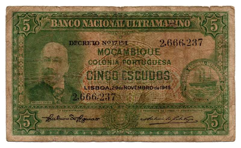 1945 Mozambique 5 Escudos Pick#94
