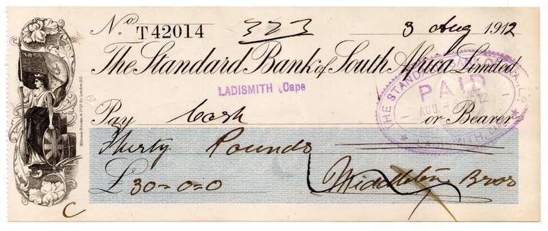 1912 The Standard Bank of South Africa Limited Ladismith (Cape Colony) Cheque, 30 Pounds