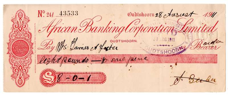 1911 African Banking Corporation Limited Cheque Oudtshoorn, 8 Pounds 1 Pence
