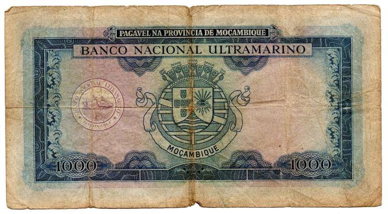 1953 Mozambique 1000 Escudos Pick#105a, centre fold and edge tears