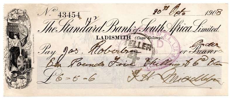 1908 The Standard Bank of South Africa Limited Ladismith (Cape Colony) Cheque, 6 Pounds 5 Shilling 6
