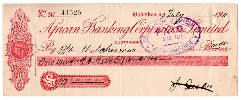 1911 African Banking Corporation Limited Cheque Oudtshoorn, 112 Pounds