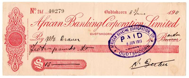 1911 African Banking Corporation Limited Cheque Oudtshoorn, 15 Pounds