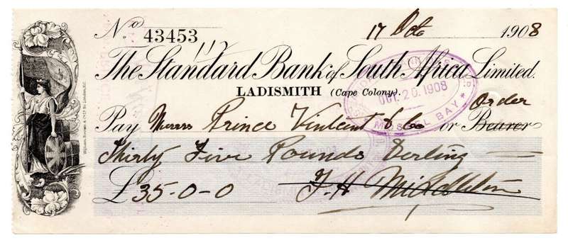 1908 The Standard Bank of South Africa Limited Ladismith (Cape Colony) Cheque, 35 Pounds