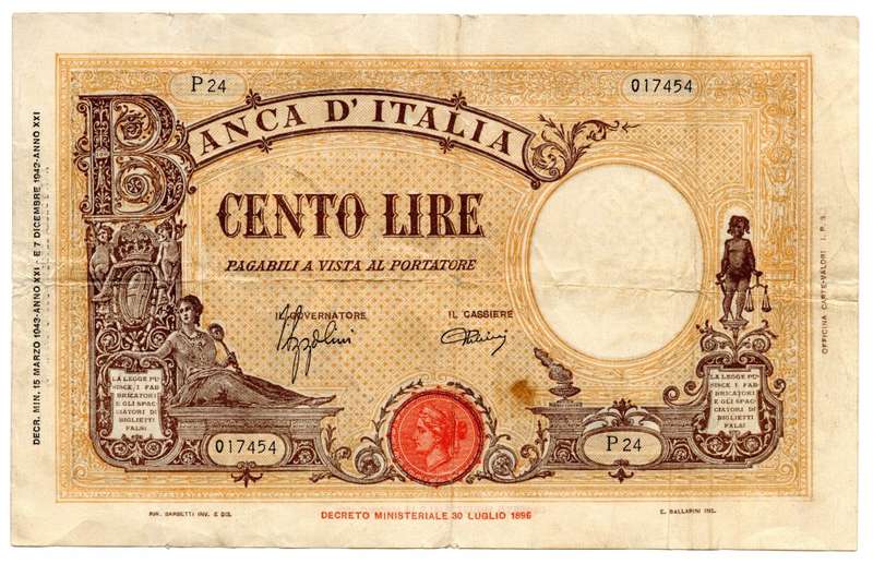 1926 Italy 100 Lire (19 May 1926) Pick#39f, top centre fold tear