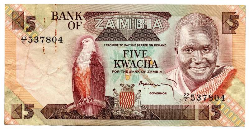 1980-88 Zambia 5 Kwacha Signature 4 Pick#25b, staple stain