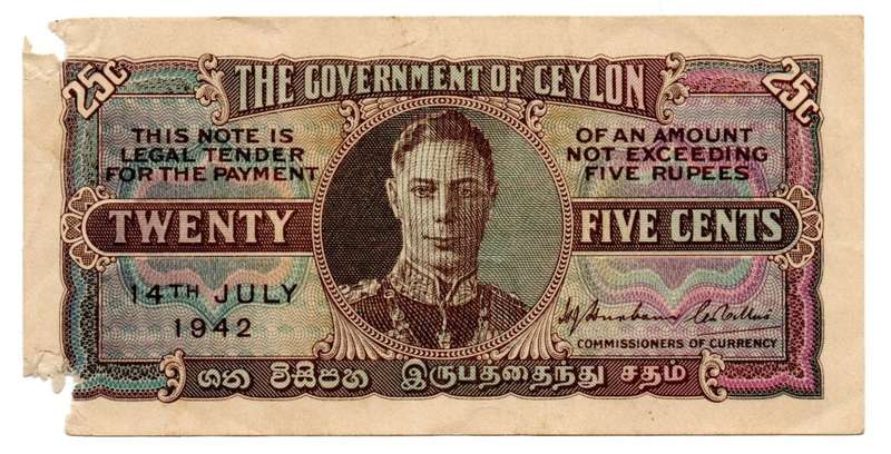 Filler 1942 Ceylon 25 Cents Pick#44a (left corners torn)