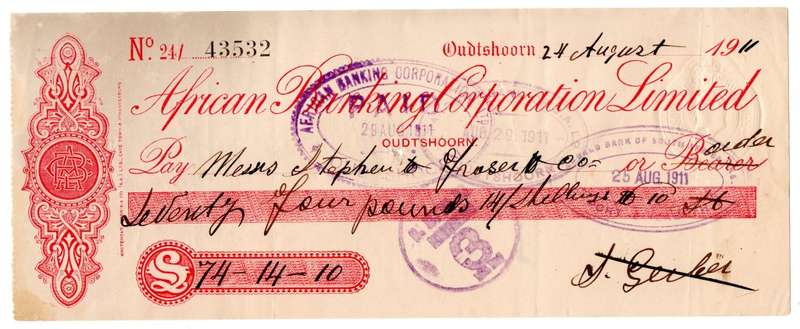 1911 African Banking Corporation Limited Cheque Oudtshoorn, 74 Pounds 14 Shillings 10 Pence