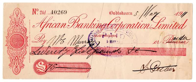 1911 African Banking Corporation Limited Cheque Oudtshoorn, 75 Pounds
