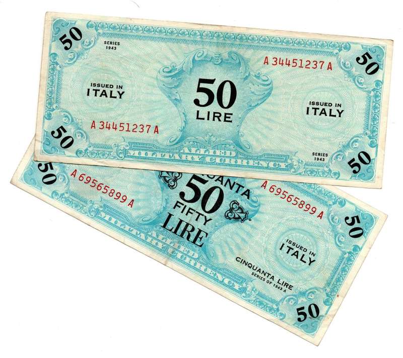Pair of 1943 & 1943 A Series Italy Allied Military Currency 50 Lire notes