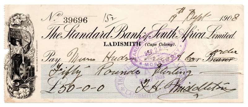 1908 The Standard Bank of South Africa Limited Ladismith (Cape Colony) Cheque, 50 Pounds