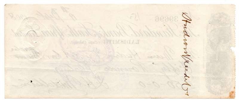 1908 The Standard Bank of South Africa Limited Ladismith (Cape Colony) Cheque, 50 Pounds