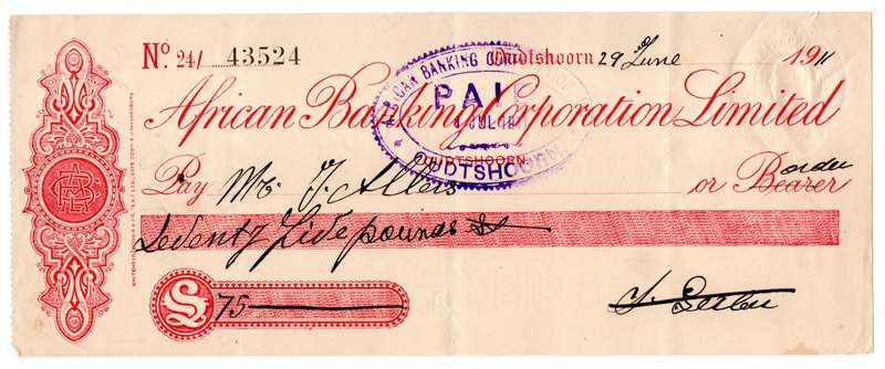 1911 African Banking Corporation Limited Cheque Oudtshoorn, 75 Pounds