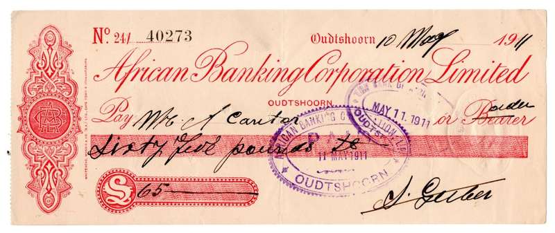 1911 African Banking Corporation Limited Cheque Oudtshoorn, 65 Pounds