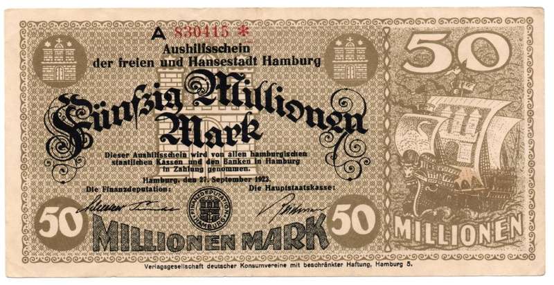 1923 German City Hamburg 50 Million Mark, Replacement Star Note