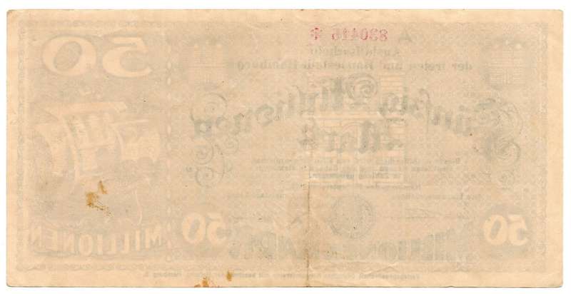 1923 German City Hamburg 50 Million Mark, Replacement Star Note
