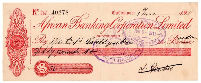 1911 African Banking Corporation Limited Cheque Oudtshoorn, 50 Pounds