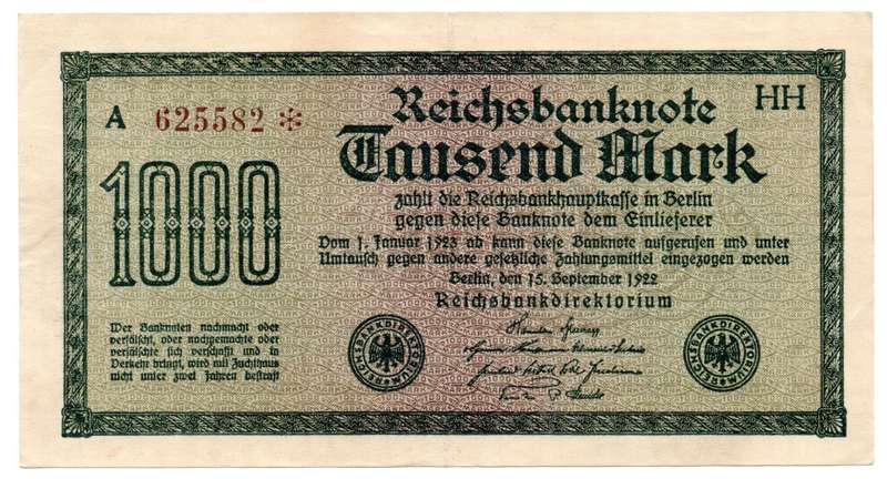 1923 German Berlin Reichsbanknote 1000 Mark Star Replacement, Pick#76a White paper