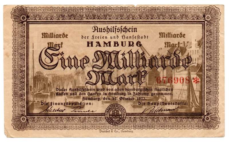 1923 German City Hamburg 1 Billion Mark, Replacement Star Note