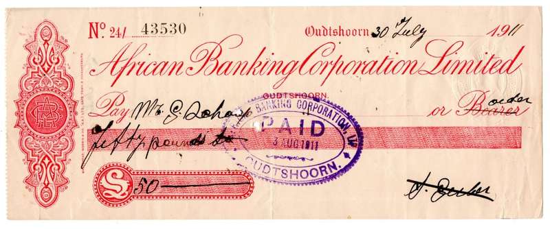 1911 African Banking Corporation Limited Cheque Oudtshoorn, 50 Pounds