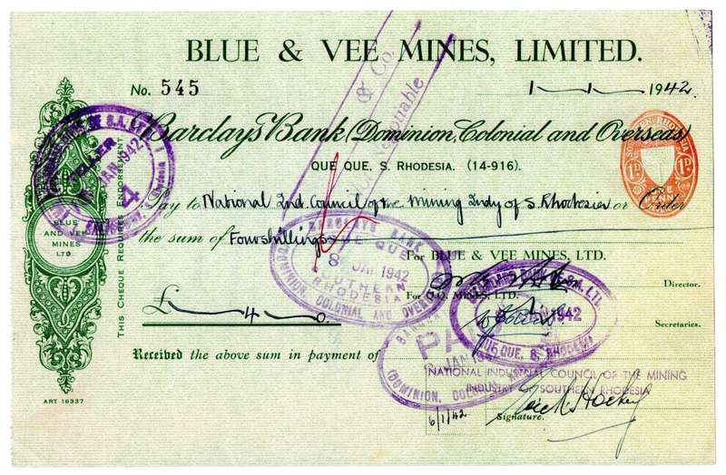 1942 Southern Rhodesia, Barclays Bank - Blue & Vee Mines, Limited Cheque issued for 4 Shillings , st
